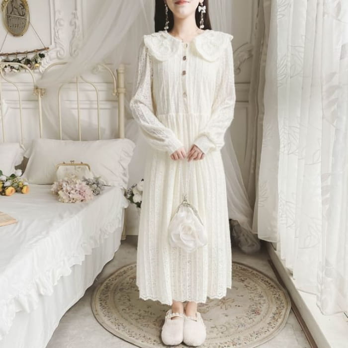 Long-Sleeve Collar Plain Lace Midi A-Line Dress