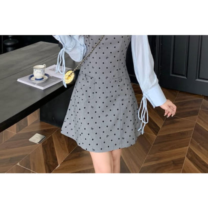 Long Sleeve Collared Dotted Mock Two Piece A-Line Dress