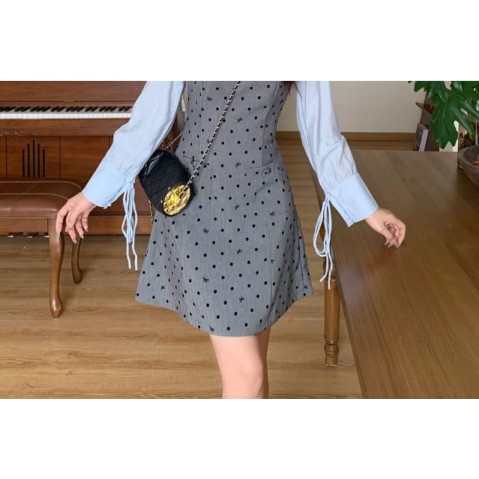 Long Sleeve Collared Dotted Mock Two Piece A-Line Dress