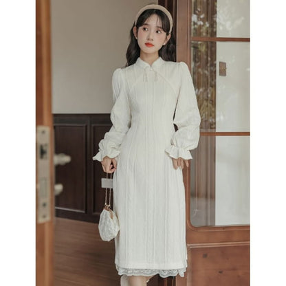 Long Sleeve Collared Embroidered Lace Trim Sheath Midi Dress