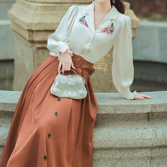 Long-Sleeve Collared Floral Embroidered Blouse / High Waist