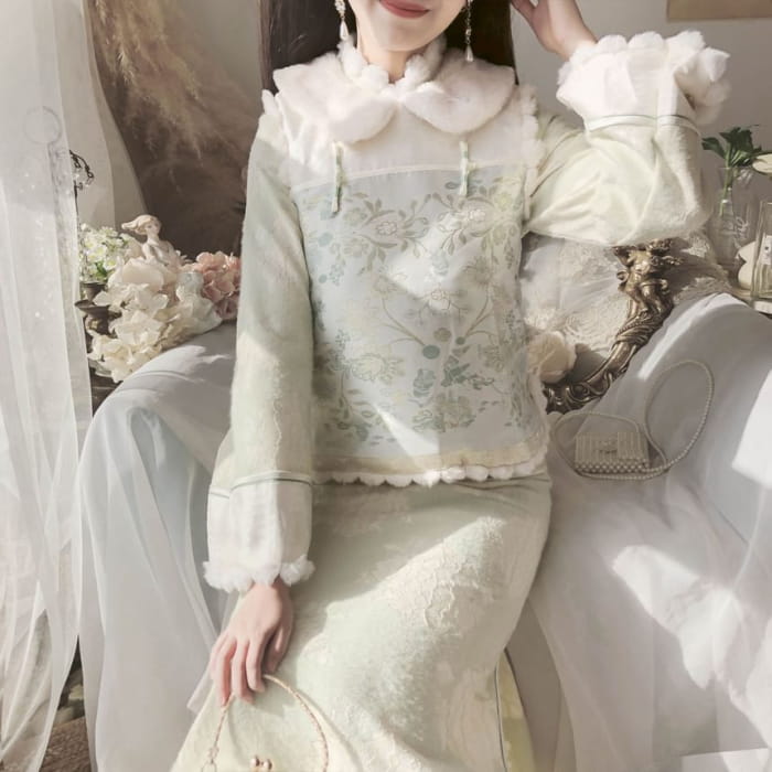 Long-Sleeve Collared Floral Midi Qipao / Embroidered Vest