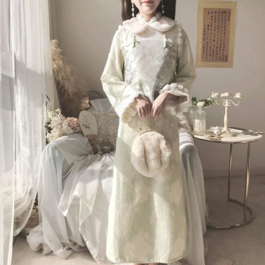 Long-Sleeve Collared Floral Midi Qipao / Embroidered Vest