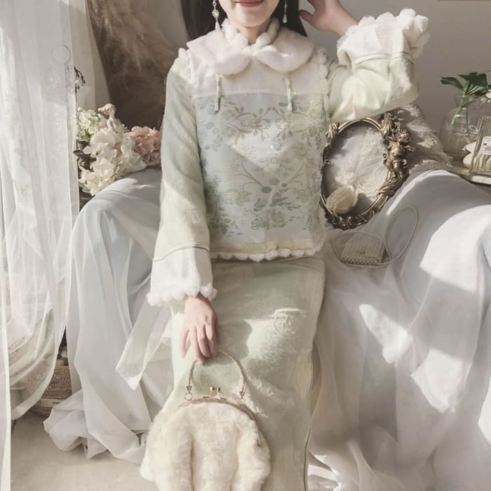 Long-Sleeve Collared Floral Midi Qipao / Embroidered Vest