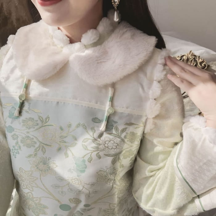 Long-Sleeve Collared Floral Midi Qipao / Embroidered Vest