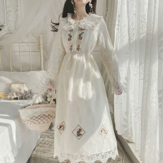 Long-Sleeve Collared Flower Embroidered Lace Trim Midi