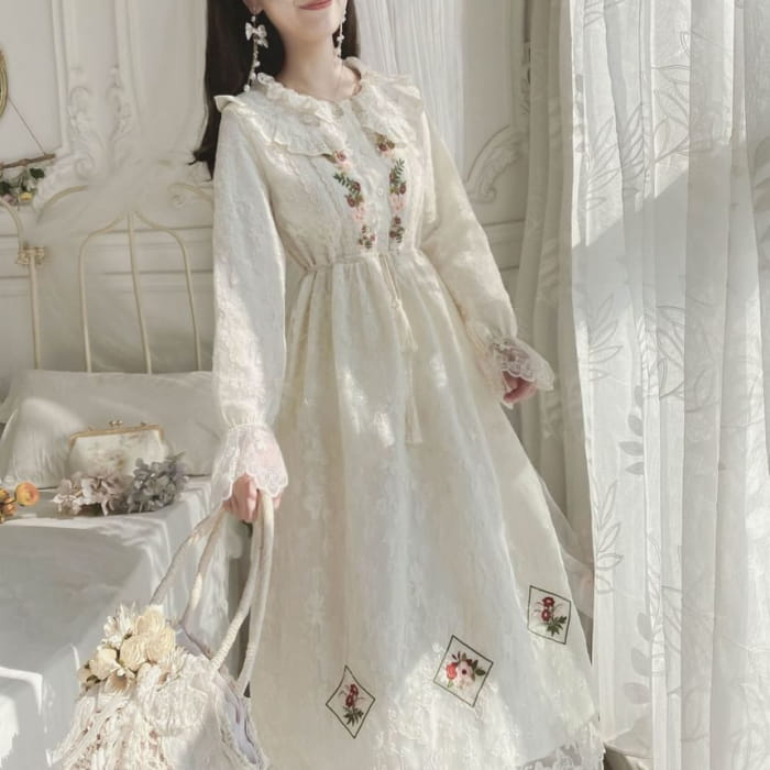 Long-Sleeve Collared Flower Embroidered Lace Trim Midi