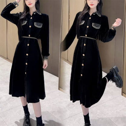 Long Sleeve Collared Plaid Button Panel Velvet Midi A-Line