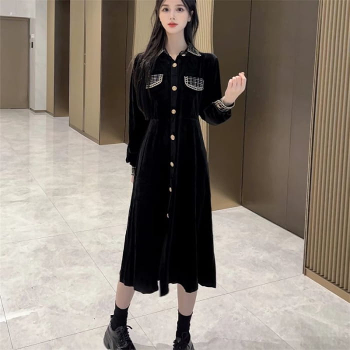 Long Sleeve Collared Plaid Button Panel Velvet Midi A-Line