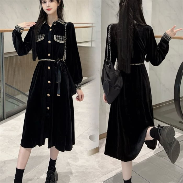 Long Sleeve Collared Plaid Button Panel Velvet Midi A-Line