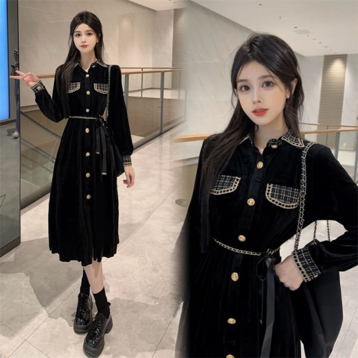 Long Sleeve Collared Plaid Button Panel Velvet Midi A-Line