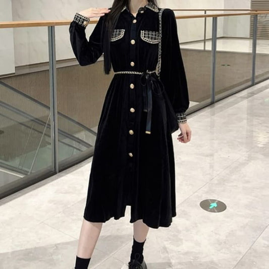 Long Sleeve Collared Plaid Button Panel Velvet Midi A-Line