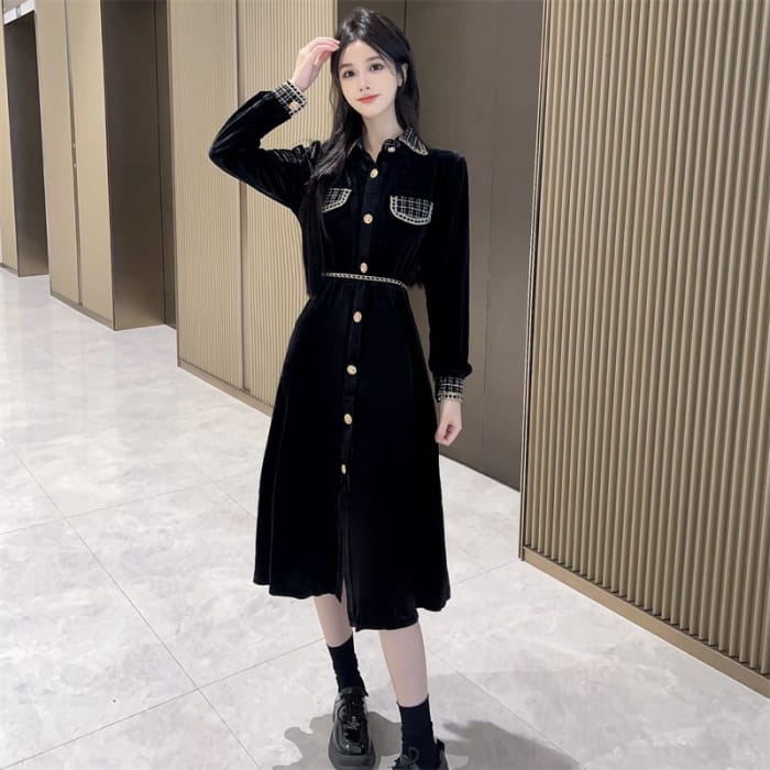 Long Sleeve Collared Plaid Button Panel Velvet Midi A-Line