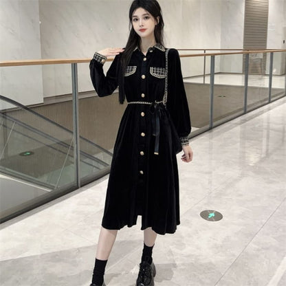 Long Sleeve Collared Plaid Button Panel Velvet Midi A-Line