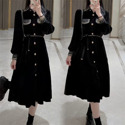 Long Sleeve Collared Plaid Button Panel Velvet Midi A-Line