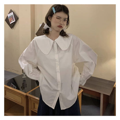 Long-Sleeve Collared Plain Blouse / Square-Neck Midi