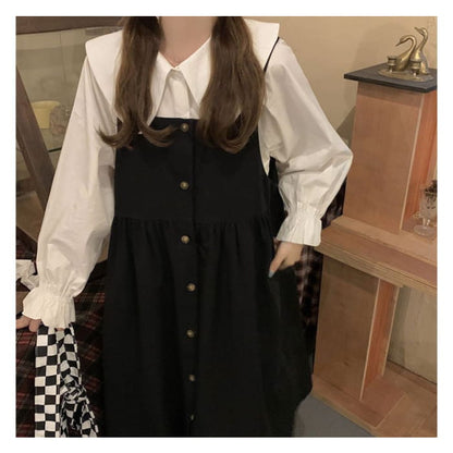 Long-Sleeve Collared Plain Blouse / Square-Neck Midi