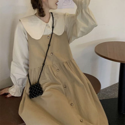 Long-Sleeve Collared Plain Blouse / Square-Neck Midi