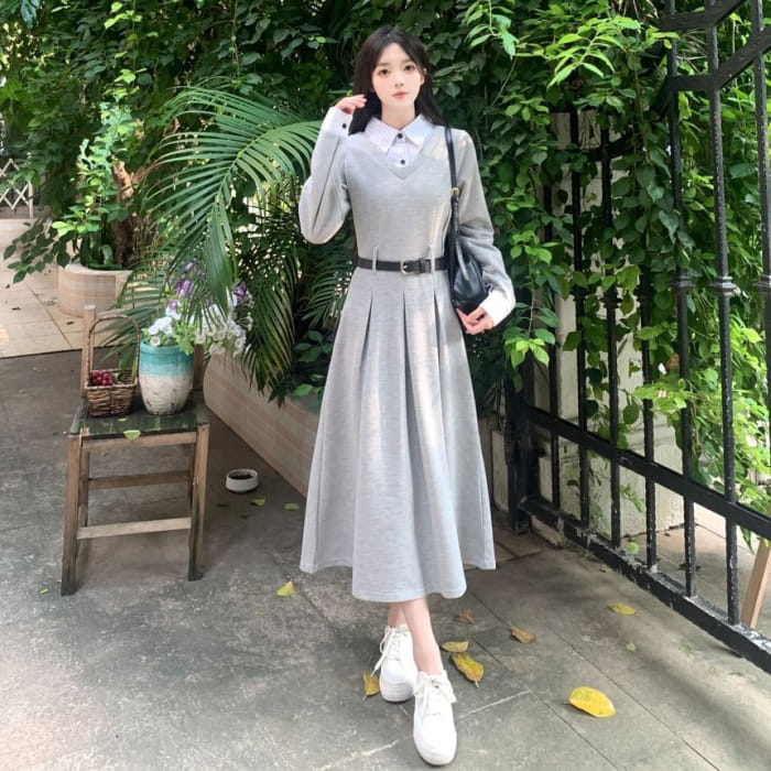 Long Sleeve Collared Striped Mock Two Piece Pleated Midi