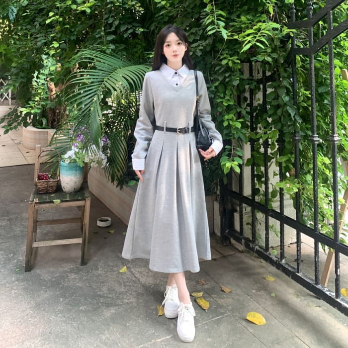 Long Sleeve Collared Striped Mock Two Piece Pleated Midi