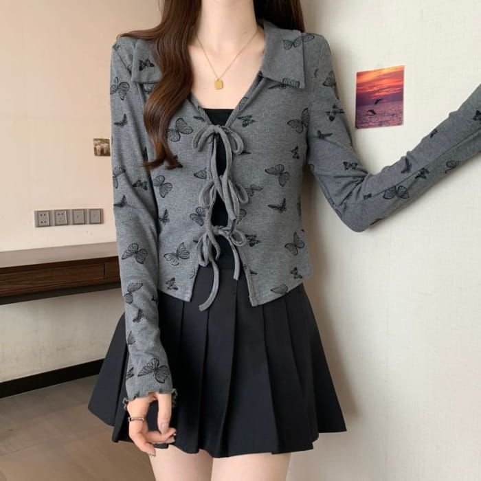 Long Sleeve Collared V-Neck Butterfly Print Mock Two Piece