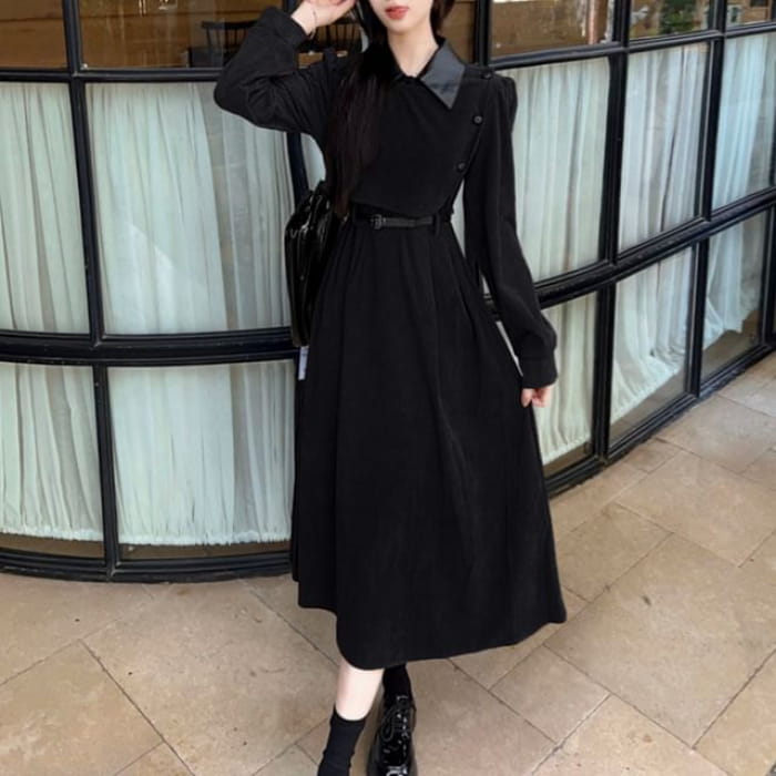 Long Sleeve Contrast Collar Mock Two Piece Corduroy Midi