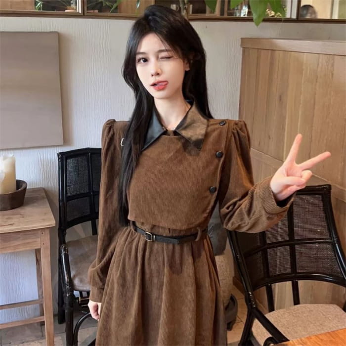 Long Sleeve Contrast Collar Mock Two Piece Corduroy Midi