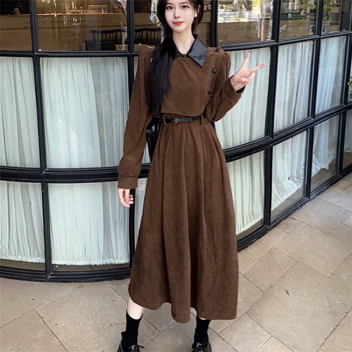 Long Sleeve Contrast Collar Mock Two Piece Corduroy Midi