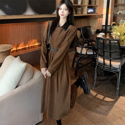 Long Sleeve Contrast Collar Mock Two Piece Corduroy Midi