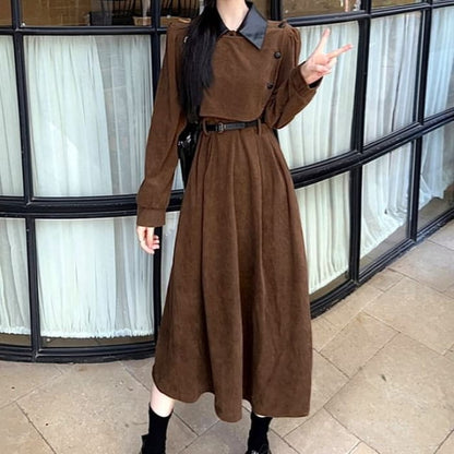 Long Sleeve Contrast Collar Mock Two Piece Corduroy Midi