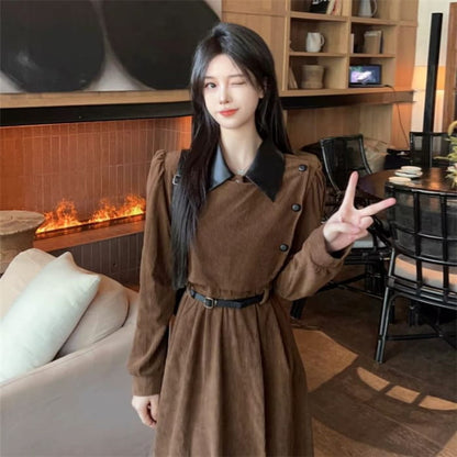 Long Sleeve Contrast Collar Mock Two Piece Corduroy Midi