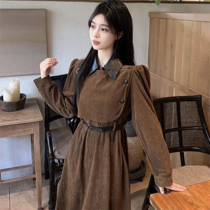 Long Sleeve Contrast Collar Mock Two Piece Corduroy Midi