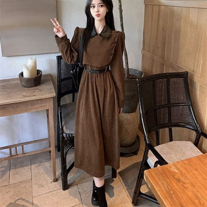 Long Sleeve Contrast Collar Mock Two Piece Corduroy Midi