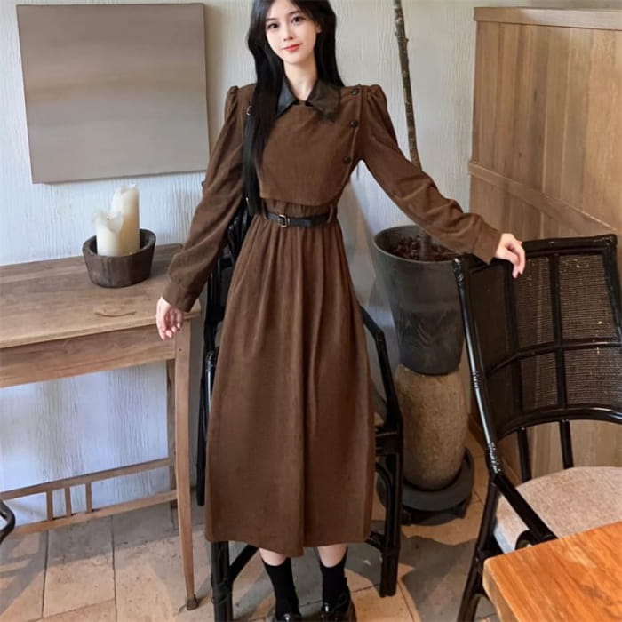 Long Sleeve Contrast Collar Mock Two Piece Corduroy Midi