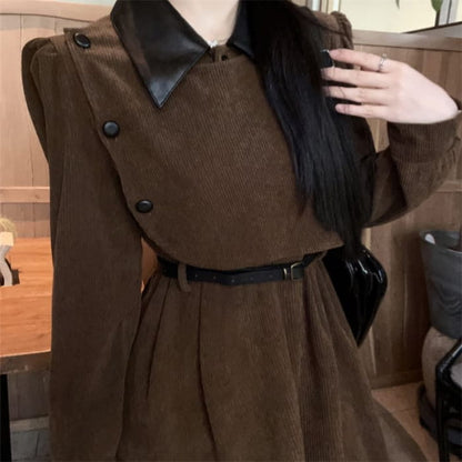 Long Sleeve Contrast Collar Mock Two Piece Corduroy Midi