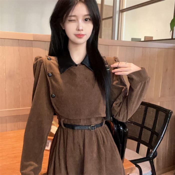 Long Sleeve Contrast Collar Mock Two Piece Corduroy Midi