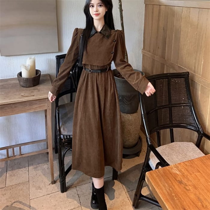 Long Sleeve Contrast Collar Mock Two Piece Corduroy Midi