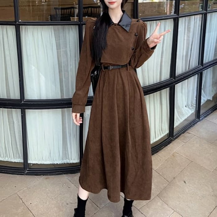 Long Sleeve Contrast Collar Mock Two Piece Corduroy Midi