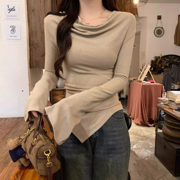 Long Sleeve Cowl Neck Plain Asymmetrical Top - Clothing