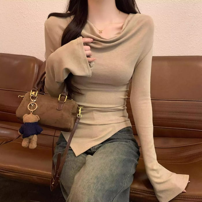 Long Sleeve Cowl Neck Plain Asymmetrical Top - Clothing