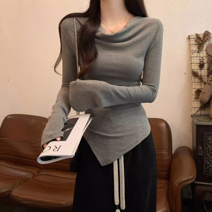 Long Sleeve Cowl Neck Plain Asymmetrical Top - Clothing