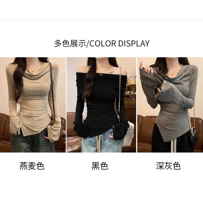 Long Sleeve Cowl Neck Plain Asymmetrical Top - Clothing