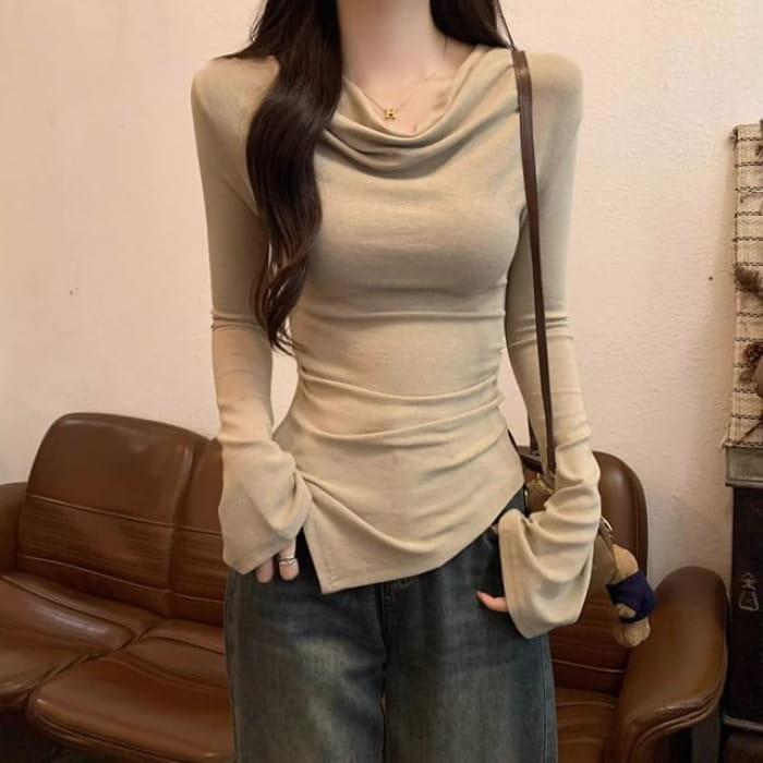 Long Sleeve Cowl Neck Plain Asymmetrical Top - Khaki / S