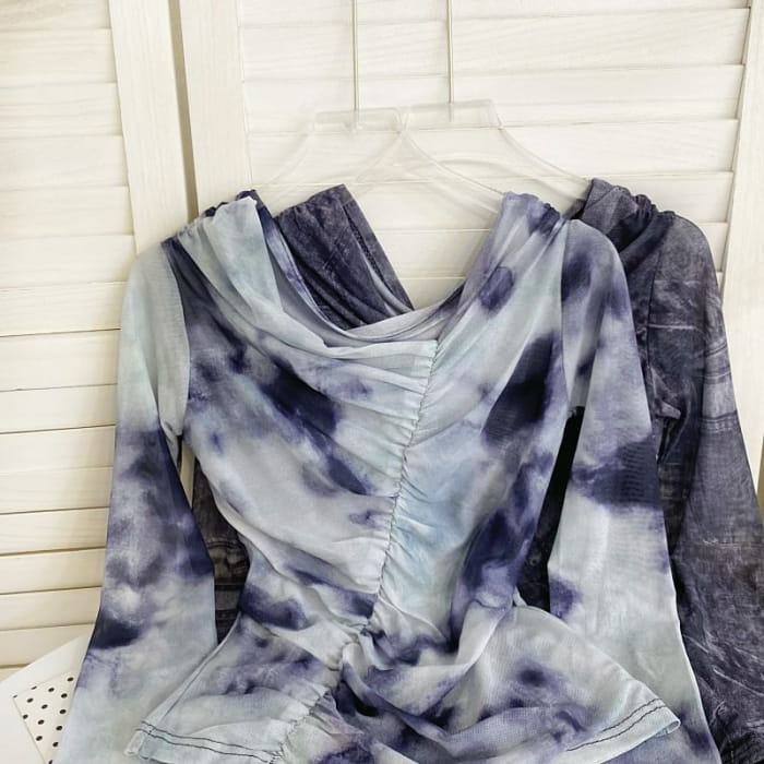 Long-Sleeve Cowl Neck Tie Dye Ruched Mesh Top