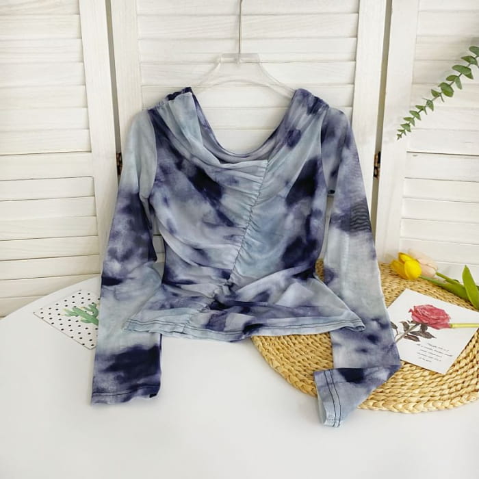 Long-Sleeve Cowl Neck Tie Dye Ruched Mesh Top