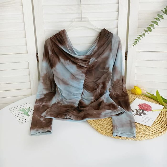 Long-Sleeve Cowl Neck Tie Dye Ruched Mesh Top - Coffee &