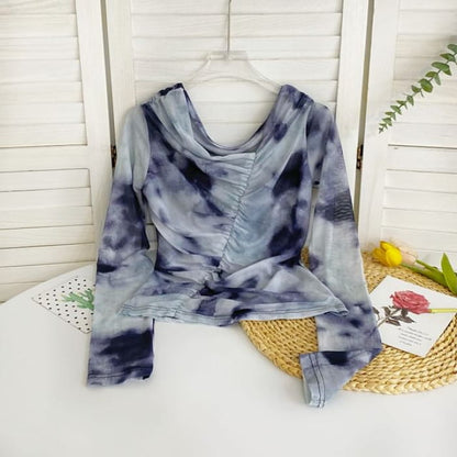 Long-Sleeve Cowl Neck Tie Dye Ruched Mesh Top - Light Blue