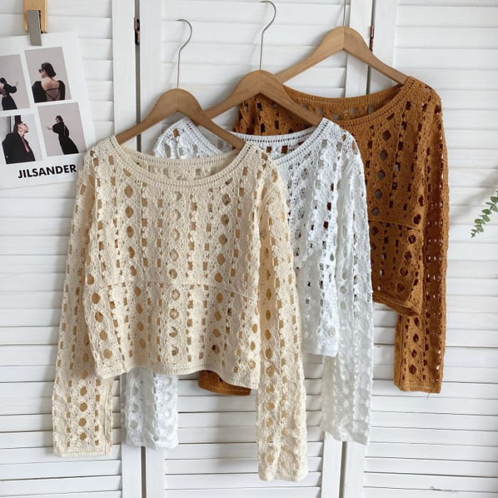 Long-Sleeve Crew Neck Crochet Lace Top