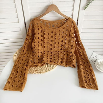 Long-Sleeve Crew Neck Crochet Lace Top - Coffee / One Size