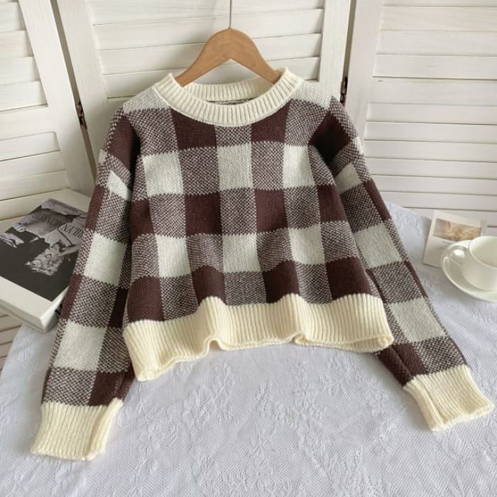 Long-Sleeve Crew Neck Gingham Sweater - Plaid - Coffee